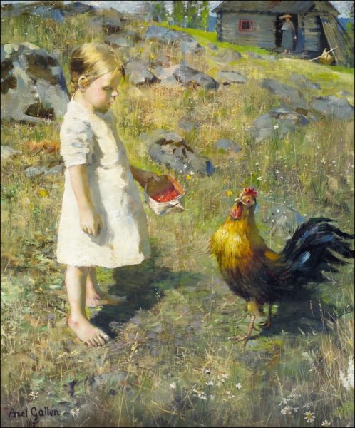 The Girl and the Rooster by Akseli Gallen-Kallela - Hand-Painted Oil Painting Reproduction