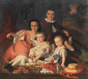 A Group Portrait with Four Children in a Landscape by Alajos Gyorgyi Giergl Oil Painting