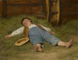 Boy Asleep in the Hay by Albert Anker Oil Painting