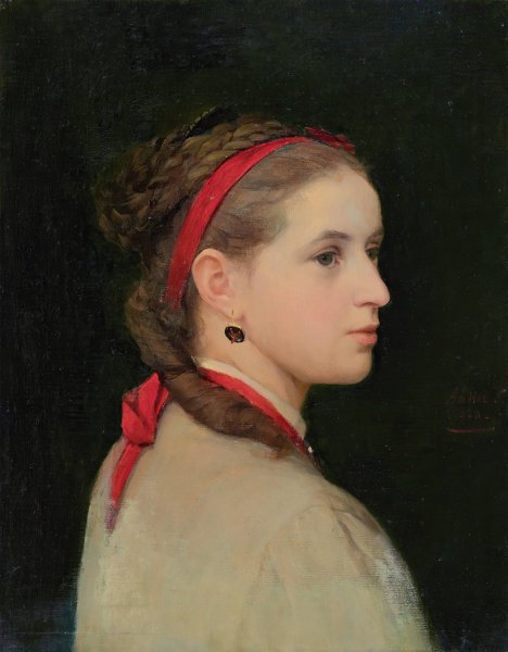 Main Product Photo of Girl With Red Hair Ribbon  Painting by Albert Anker