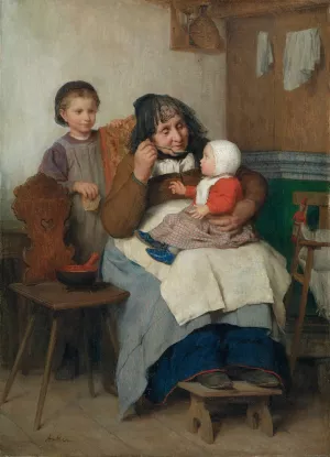 Grandmother Spooning The Soup To Her Grandchild Oil painting by Albert Anker