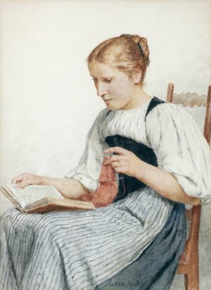 Knitting Girl Reading by Albert Anker Oil Painting