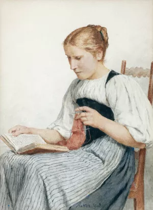 Knitting Girl Reading Oil painting by Albert Anker