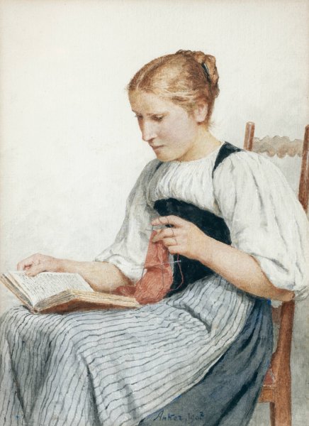 Main Product Photo of Knitting Girl Reading  Painting by Albert Anker