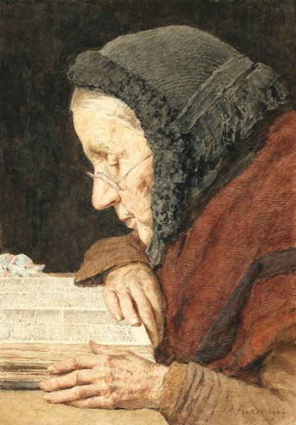Old Woman Reading The Bible  by Albert Anker - Hand-Painted Oil Painting Reproduction