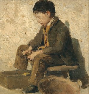 Sitting Boy Peeling Vegetables by Albert Anker Oil Painting