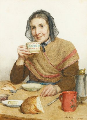 Sitting Peasant Woman Holding A Cup In Her Hand by Albert Anker Oil Painting