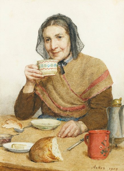 Sitting Peasant Woman Holding A Cup In Her Hand  by Albert Anker - Hand-Painted Oil Painting Reproduction