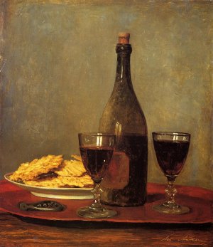 Still Life: Two Glasses of Red Wine, a Bottle of Wine a Corkscrew and a Plate of Biscuits on a Tray Oil painting by Albert Anker