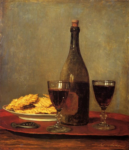 Main Product Photo of Still Life: Two Glasses of Red Wine, a Bottle of Wine a Corkscrew and a Plate of Biscuits on a Tray Painting by Albert Anker
