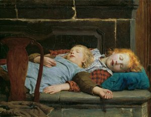 Two sleeping girls on the stove bench by Albert Anker Oil Painting