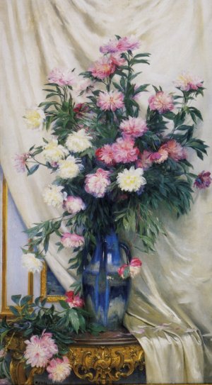 Peonies in a Blue Vase on a Draped Regency Giltwood Console Table
