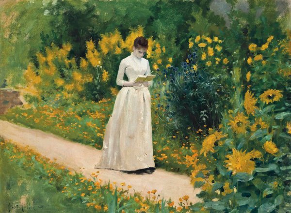 Reading on the garden path  by Albert Aublet - Hand-Painted Oil Painting Reproduction