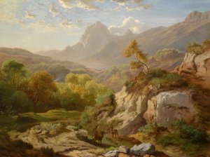 Rotwild in einer weiten Gebirgslandschaft by Albert August Zimmermann Oil Painting