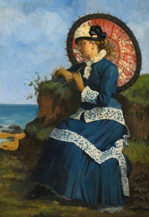 An elegant lady by the shore with a pink parasol by Albert-Auguste Fourie Oil Painting