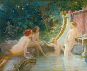Young Bathers In A Fountain by Albert-Auguste Fourie Oil Painting
