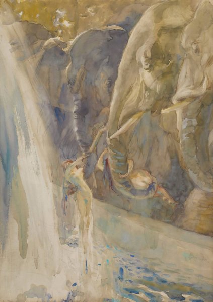 Young Women Lifted Up by Elephants by Albert Besnard - Hand-Painted Oil Painting Reproduction