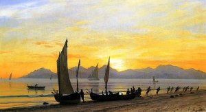 Boats Ashore at Sunset by Albert Bierstadt Oil Painting
