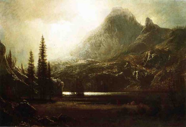 Main Product Photo of By a Mountain Lake Painting by Albert Bierstadt