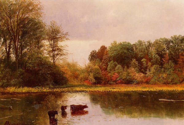 Main Product Photo of Cows Watering in a Landscape Painting by Albert Bierstadt