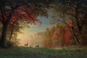 Indian Sunset, Deer by a Lake by Albert Bierstadt Oil Painting