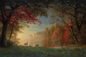 Indian Sunset, Deer by a Lake by Albert Bierstadt Oil Painting