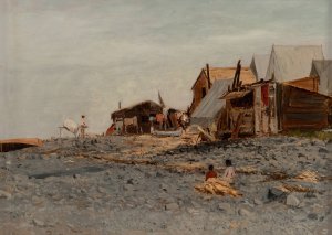 Salmon Fishery Village by Albert Bierstadt Oil Painting