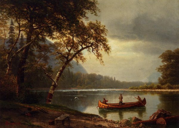 Main Product Photo of Salmon Fishing on the Cascapediac River Painting by Albert Bierstadt