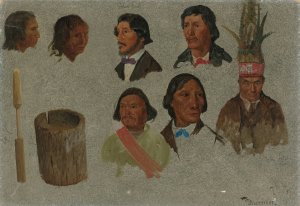 Seven Indian Portraits And One Primitive Utensil by Albert Bierstadt Oil Painting