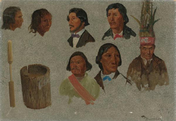 Seven Indian Portraits And One Primitive Utensil by Albert Bierstadt - Hand-Painted Oil Painting Reproduction