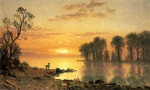 Sunset, Deer, and River by Albert Bierstadt Oil Painting