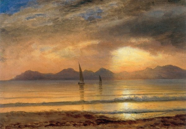 Main Product Photo of Sunset over a Mountain Lake Painting by Albert Bierstadt