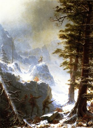 Three Hunters Stalking a Big Horn Sheep in a Snow Squall by Albert Bierstadt Oil Painting