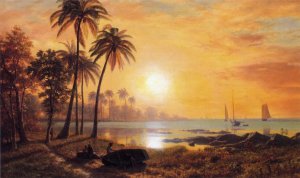 Tropical Landscape with Fishing Boats in Bay by Albert Bierstadt Oil Painting