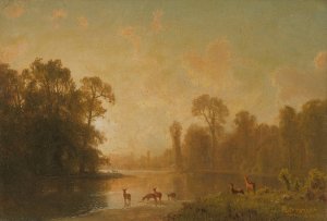 Twilight With Deer by Albert Bierstadt Oil Painting