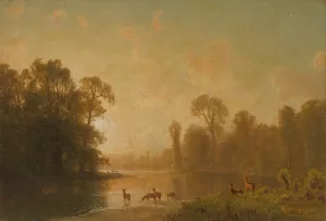 Twilight With Deer by Albert Bierstadt Oil Painting