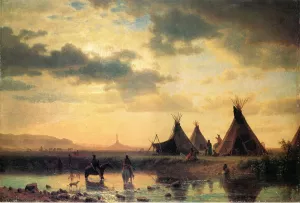 View of Chimney Rock, Ogalillalh Sioux Village in Foreground by Albert Bierstadt - Oil Painting Reproduction