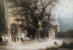 Procession at a Snowy Monastery by Albert Bredow Oil Painting
