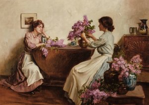 Women Arranging Flowers by Albert Chevallier Tayler Oil Painting
