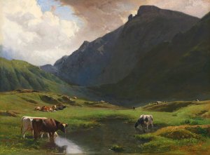 Alpine Landscape With Cows And Goats by Albert De Meuron Oil Painting