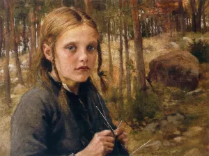 A Girl Knitting Socks Oil painting by Albert Edelfelt