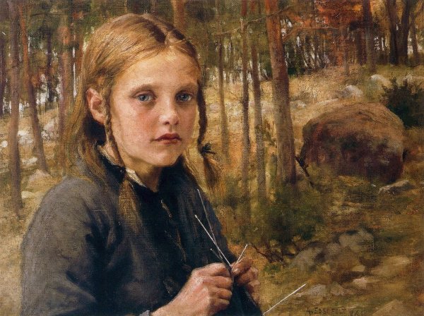 A Girl Knitting Socks by Albert Edelfelt - Hand-Painted Oil Painting Reproduction