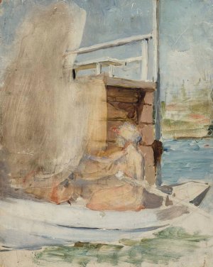 A woman in a boat at the pier by Albert Edelfelt Oil Painting