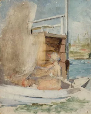 A woman in a boat at the pier by Albert Edelfelt Oil Painting