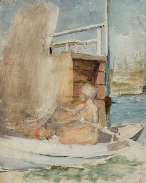 A Woman In A Boat At The Pier by Albert Edelfelt Oil Painting