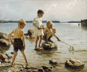 Boys Playing On The Shore by Albert Edelfelt Oil Painting