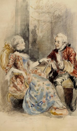 Couple Having a Conversation, Rococo Attire by Albert Edelfelt Oil Painting