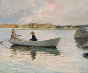 Girls in a Rowing Boat by Albert Edelfelt Oil Painting