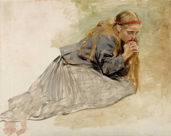 Mary Magdalene Kneeling, Study For The Christ And Mary Magdalene  by Albert Edelfelt - Hand-Painted Oil Painting Reproduction