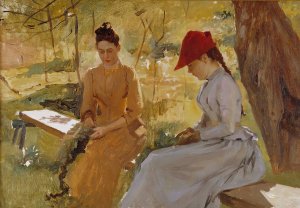 The Artist's Sisters Annie and Berta Binding Garlands by Albert Edelfelt Oil Painting